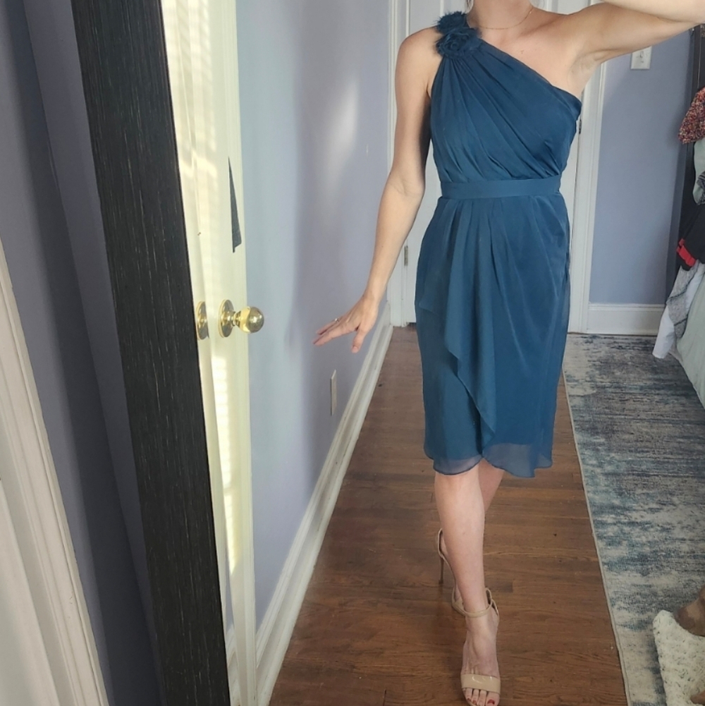 Badgley Mischka One-Shoulder Teal Dress